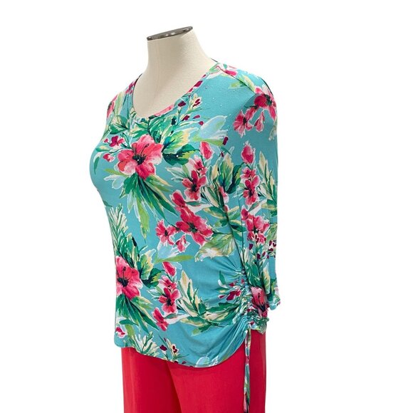 Palm Grove Floral Ruched Top XL NWT Tropical Cruise Resort Stretchy Summer Shirt - Picture 7 of 9